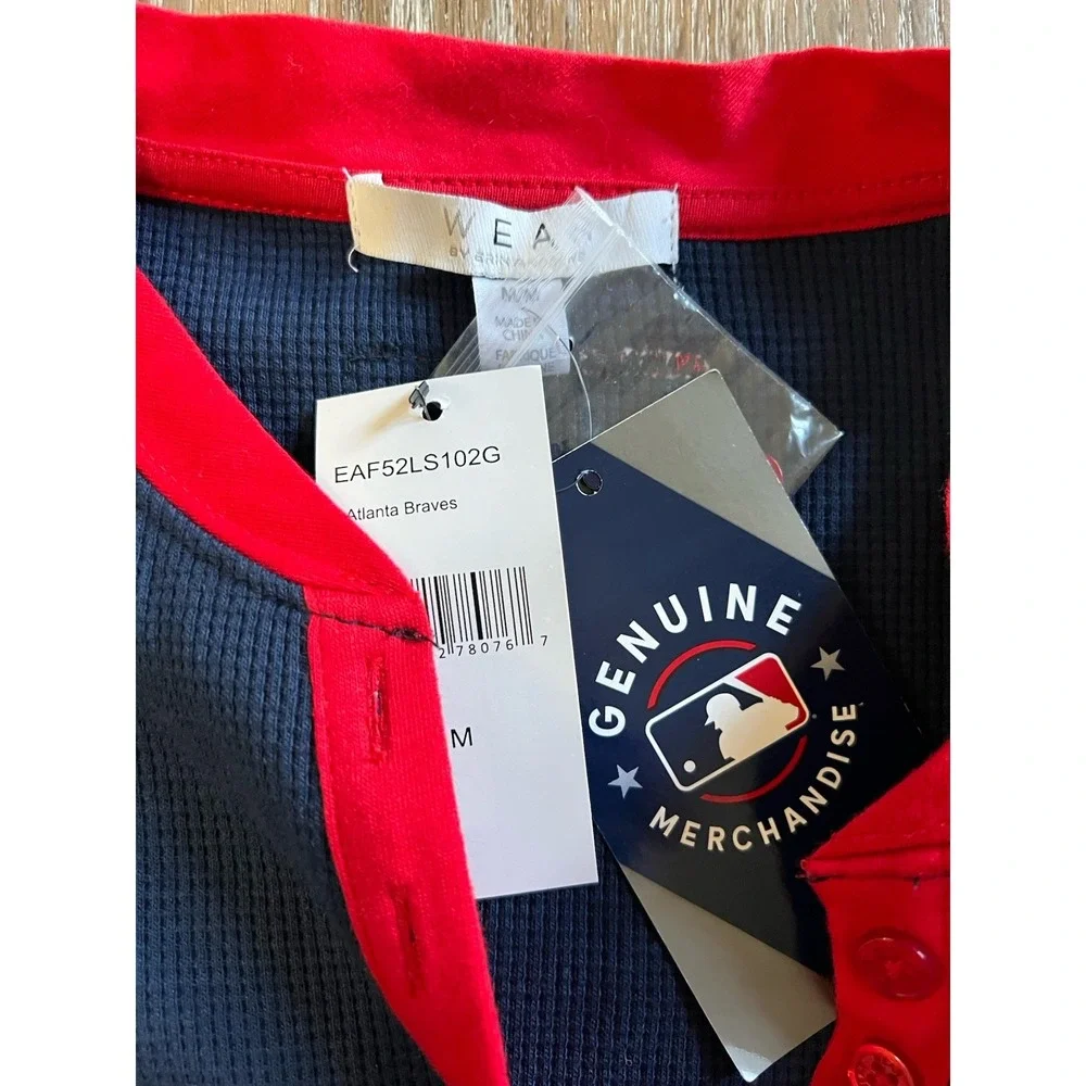 Women's Atlanta Braves WEAR By Erin Andrews Navy Waffle Henley Long Sleeve Tshir